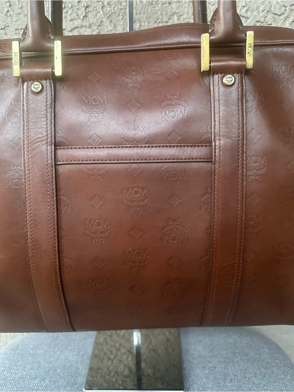 MCM Cognac Leather Briefcase with Gold Plaque